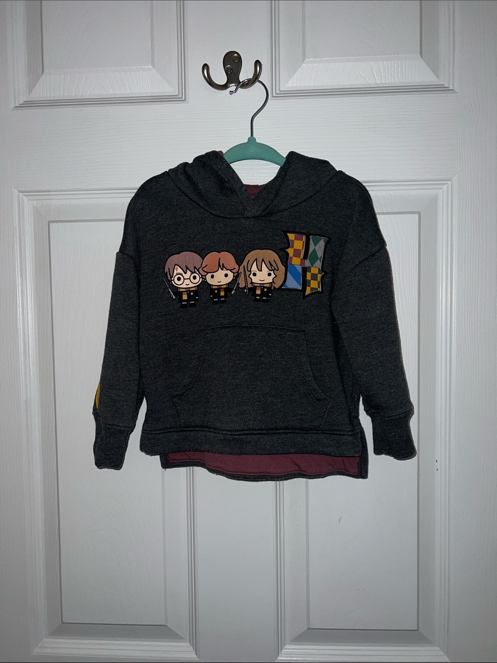 Kids Dark Gray Character Pullover Hoodie with Crest Accent